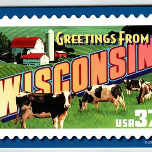 Salutations du Wisconsin grande lettre carte postale chromée USPS 2001 vaches grange fermes cadeau unique