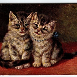 Zwei Katzen-Pose-Grün-gemusterte silberne braune Kätzchen-M-Bestands-Weinlese-antike ungepostete Postkarte