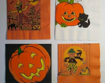 Vintage Halloween Crepe Paper Napkins, Scarecrow, Cat, Pumpkin, Set of 4