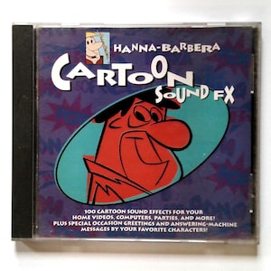 May include: A CD case with the title "Cartoon Sound FX" by Hanna-Barbera. The cover is predominantly purple with cartoon graphics and a red cartoon character. The text on the cover reads "Cartoon Sound FX" and other descriptive text.