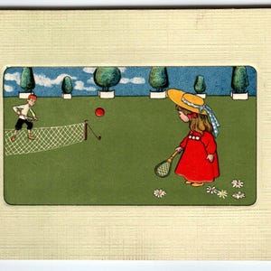 Kinder spielen Sport auf Rasen Feld Tennis Vintage geprägte Postkarte Ser 562