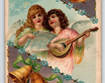 New Year Postcard Angels Cherubs Mandolin Guitar Fantasy Embossed 1911 Germany Unique Gift
