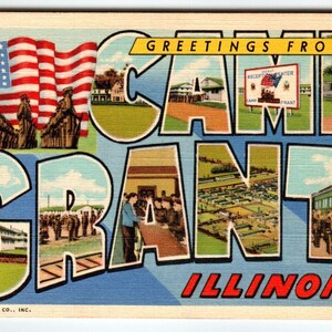 Carte postale de la base militaire de Camp Grant, Illinois, grande lettre, lin