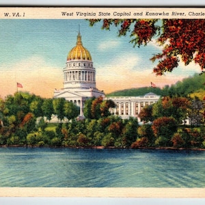 Carte postale, capitale de l'État, rivière Kanawha, Charleston, Virginie-Occidentale, lin, 1940, vintage