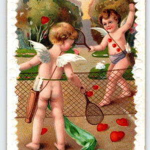 Carte postale vintage de la Saint-Valentin - Angelots jouant au tennis avec des coeurs série ECC 9293