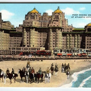 Atlantic City NJ Postcard Pony Riding On The Beach Traymore Hotel Linen 1949