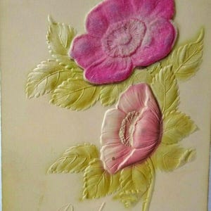 Beste Wünsche Postkarte Samt Rot Rosa Blumen Geprägter Vintage Unbenutztes Original Einzigartiges Geschenk