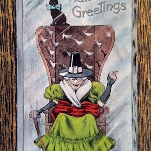 Halloween carte postale fantaisie sorcière assise chat noir bleu noeud papillon HM Rose TRG 1909 cadeau unique