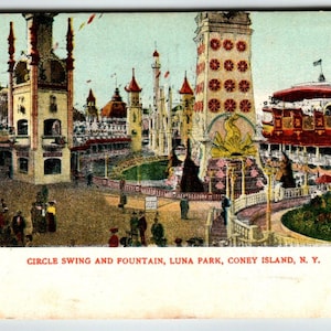 Circle Swing & Fountain Ride Coney Island New York Postcard Amusement Park 1907 Unique Gift