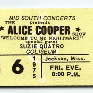 Alice Cooper Welcome To My Nightmare UNBENUTZTE 1975 Konzertkarte Jackson Miss.