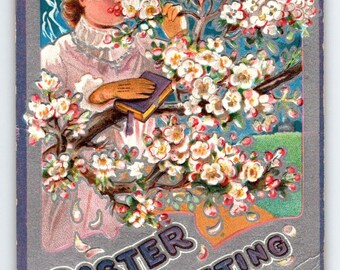 Easter Postcard Lily Series Women Surrounded By Embossed Flowers Antique Vintage