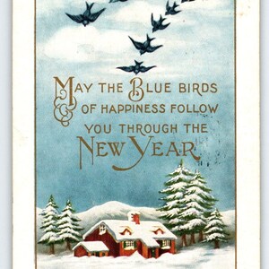 Carte postale du Nouvel An, oiseaux noirs volants, arbres couverts de neige, cabine Whitney, 1916