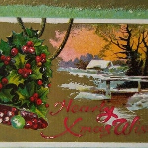 Christmas Postcard Poinsettia Covered Bell Countryside Cottage Vintage Embossed
