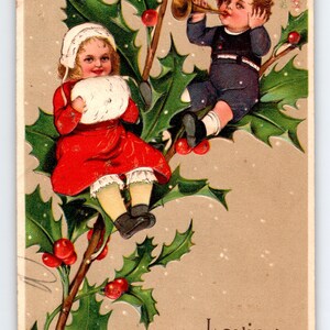 Vintage Embossed Christmas Postcard Kids on Holly Branch 1909 Germany