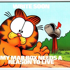 Garfield Katze Postkarte Schreib bald Mailbox Jim Denimys Comical 1978 Getigertes Kätzchen