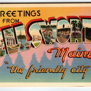 Salutations d'Ellsworth Maine, grande lettre vintage des années 1940, carte postale, lin, 1949