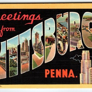 Carte postale lettre grande lettre Pittsburgh, Pennsylvanie, voeux de lin, bordure jaune