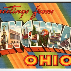 Salutations de Cincinnati, Ohio, grande ville des années 40, carte postale en lin, lettre