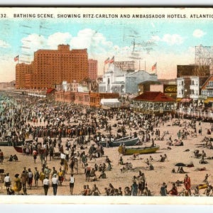 Carte postale d'Atlantic City NJ Enseigne Coca Cola Ritz Carlton Ambassador Hotels 1929
