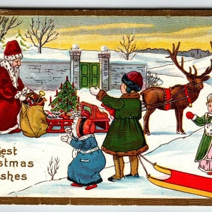 Carte postale de Noël Père Noël Renne Enfants Manchon traîneau Stecher série 402 F Cadeau unique