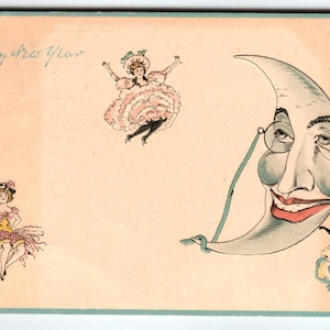 Carte postale anthropomorphe croissant de lune homme fantaisie filles nouvel an 1910 série 570