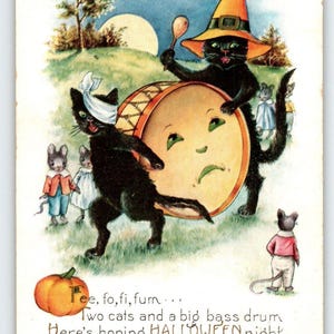 Halloween Postkarte Portait schwarzer Katzen Band Mäuschen Anthropomorphic Trommel Fantasy