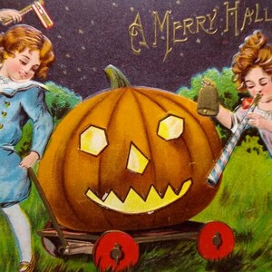 Carte postale Halloween fantaisie victorienne citrouille poussette chariot JOL corne lune P Sanders cadeau unique