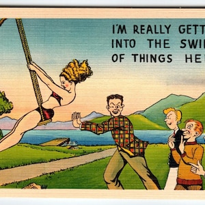 Ich bin wirklich immer in der Schaukel Leinen Postkarte Badeanzug Frauen Humor - 1940