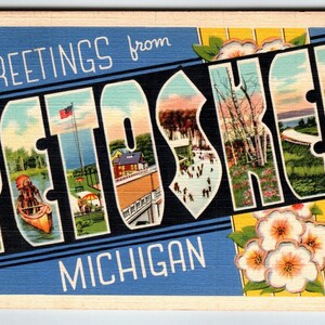 Carte postale avec grande lettre, Michigan, Greetings From Petoskey, lin inutilisé Curt Teich, cadeau unique