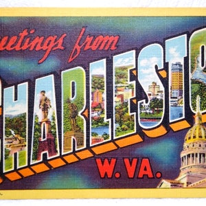 Carte postale avec lettre large, Greetings From Charleston, Virginie-Occidentale, Linen Curt Teich, cadeau unique