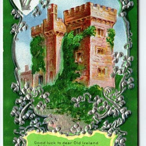 Carte postale de la Saint-Patrick, vieux château d'Irlande, argent massif gaufré, trèfles, lierre, cadeau unique