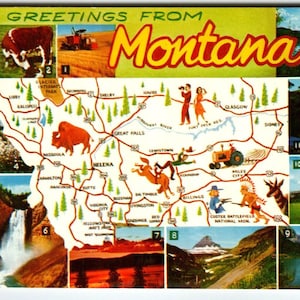 Salutations du Montana State Map Carte postale Chrome Buffalo Tracteurs Montagnes