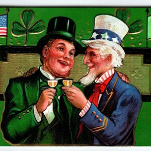 Carte postale de la Saint-Patrick Oncle Sam Irish Toasting Cocktails en relief 1914