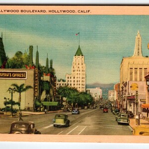 Hollywood Boulevard Street View California Carte postale en lin Voitures anciennes Gravmans TCL