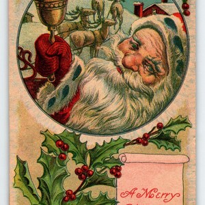 Carte postale de Noël Père Noël Saint-Nicolas sonne en forme de cloche, renne, lune, neige 1913