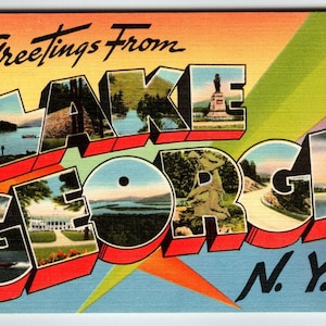 Lake George New York Grande lettre de voeux de carte postale en lin Tichnor non postée Cadeau unique