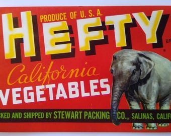 Hefty Elephant Vegtables Crate Label California Original Vintage 1950's Stewart Unique Gift