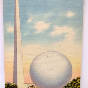 New York Worlds Fair Postcard Trylon Perisphere Key Buildings Linen 1939 Tichnor