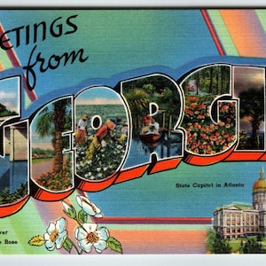 Carte postale d'État en lin, grande lettre, Grandes salutations de Géorgie, cadeau unique Asheville sans envoi