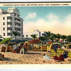 Carte postale de Fort Lauderdale Beach, Floride, linge d'hôtel, voitures anciennes, milieu du siècle, inutilisé