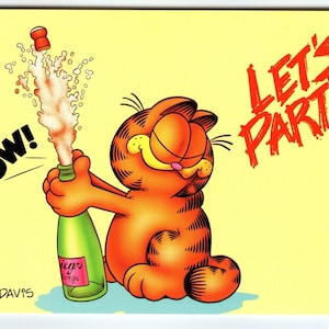 Garfield Let's Party Cat Champagnerflasche Postkarte Jim Davis Orange Tabby 1978 Geschenk für Katzenliebhaber