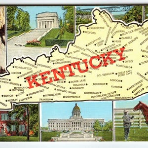 Carte de l'état du Kentucky Carte postale Salutations Cheval Bâtiments Nature Linge Kropp vintage
