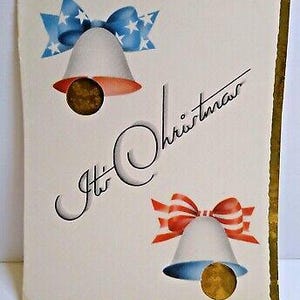 Carte de voeux de Noël moderne du milieu du siècle, cloches de fenêtre découpées, rubans, cadeau unique, feuille d'or