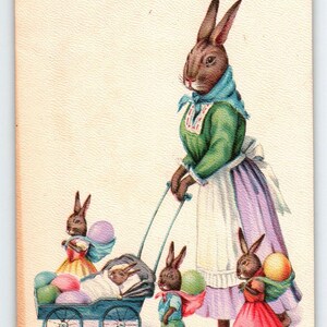Oster Postkarte Trachtenhasen Hasenfamilie Fantasy Kinderwagen Stecher 779
