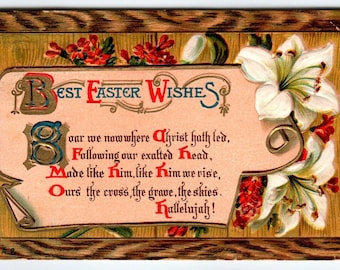 Best Easter Wishes Greetings Postcard Embossed Lily Flowers 1910 Antique Vintage