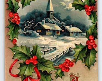 Joyful New Year Postcard Church Snow Holly Wreath Embossed Vintage 1910 Germany Unique Gift