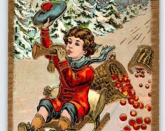 クリスマスポストカード ビクトリア朝時代の子供がそりに乗って角笛を