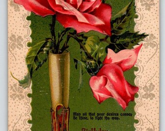 Birthday Flowers Postcard Embossed Pink Red Roses Bud Vase Germany Vintage 118 Unique Gift