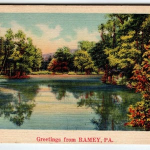 Carte postale en lin de Ramey Pennsylvania vintage Scenic Lake Pond 1948