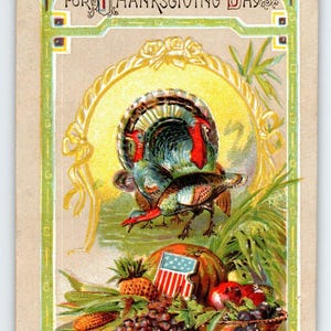 Thanksgiving Postcard Turkeys US Flag Grapes Fruit Basket Embossed Germany 985